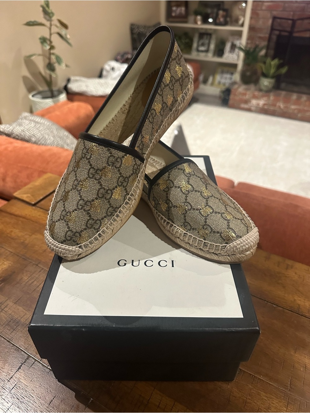 Women’s Gucci Brown GG Canvas Espadrille Slip-Ons with Black Trim